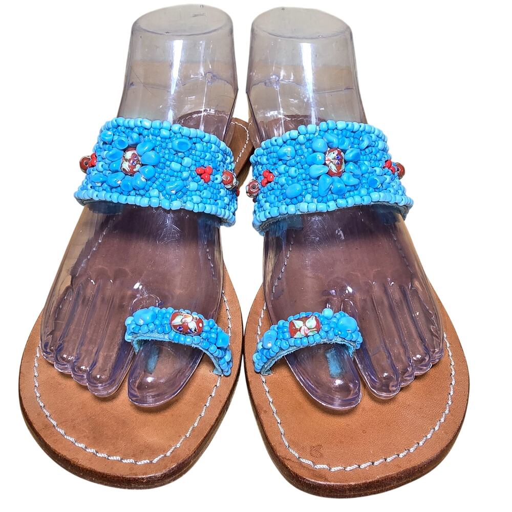 Excellent Condition Mystique Turquoise Beaded Leather Sandals Suede Lining Sz 7